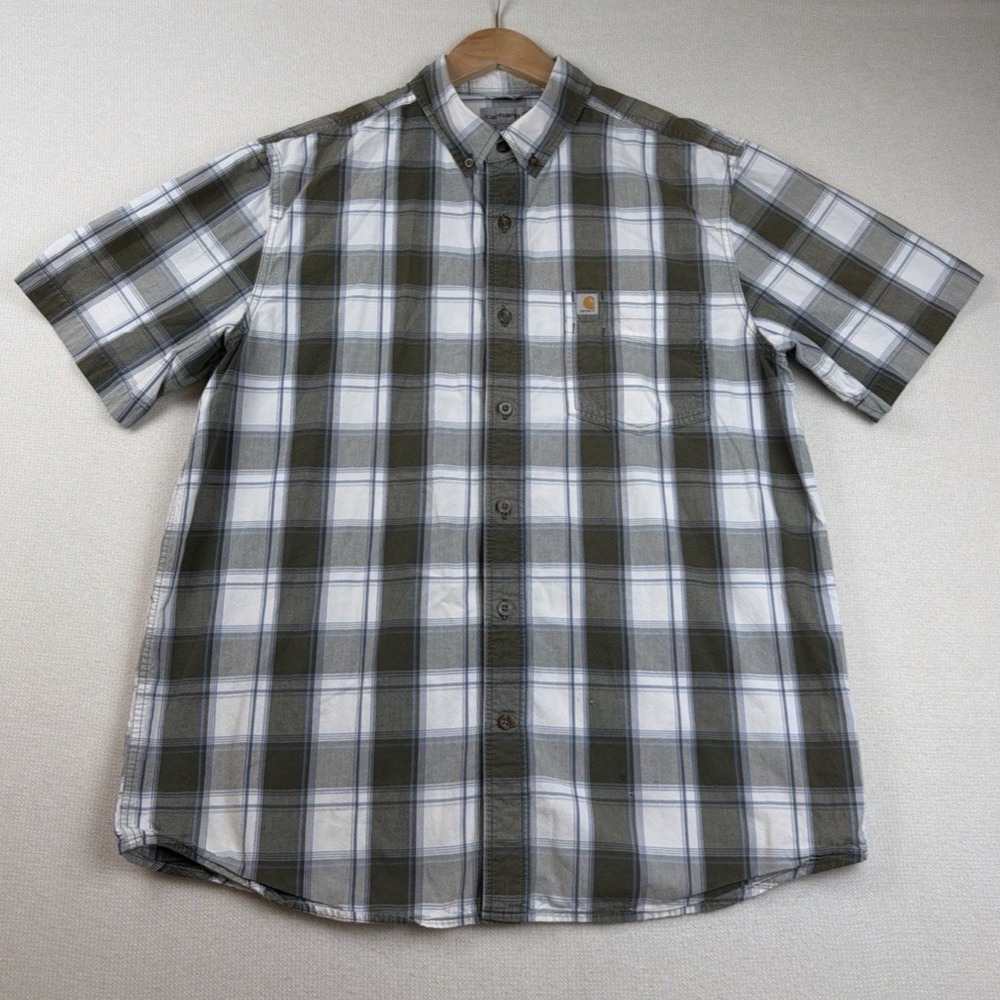 Carhartt Men's Button Down Collared Green White Plaid Shirt Size L Relaxed Fit